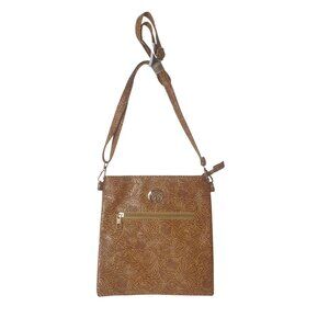 Womens Crossbody Bag Tree Of Life Emblem Zip Brown Tooled Faux Leather Cottage